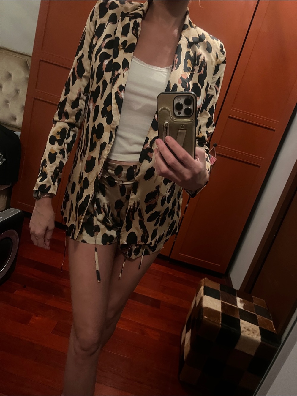 Leopard Print Two-Piece Blazer and Shorts Set - Beige Black Brown